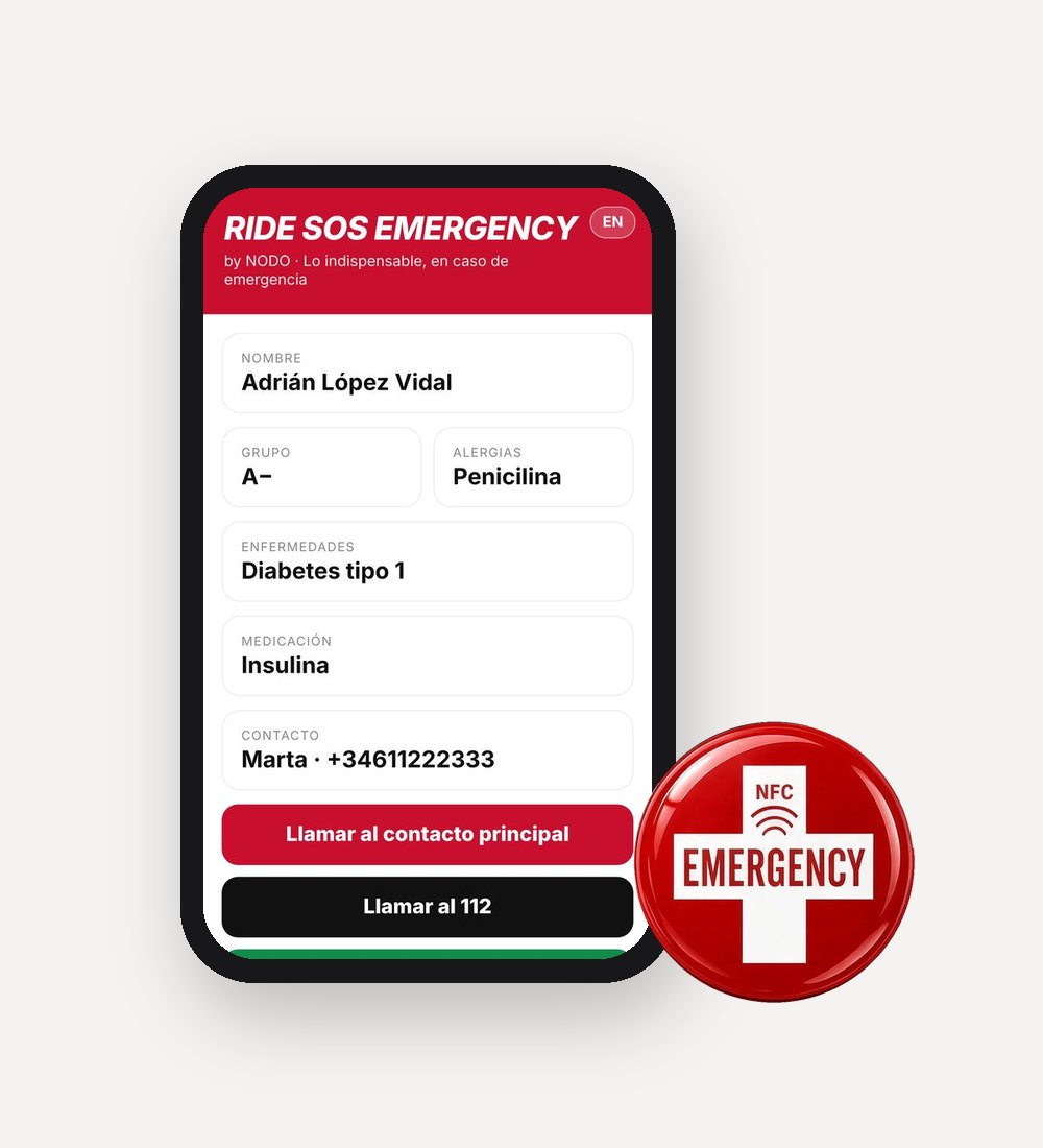 Móvil mostrando la ficha de emergencia junto al tag NFC